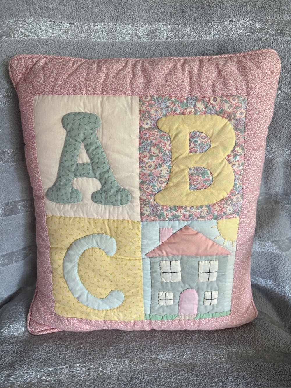 Vintage ABC & House Colorful Quilted Patchwork County Decorative Baby Pillow !